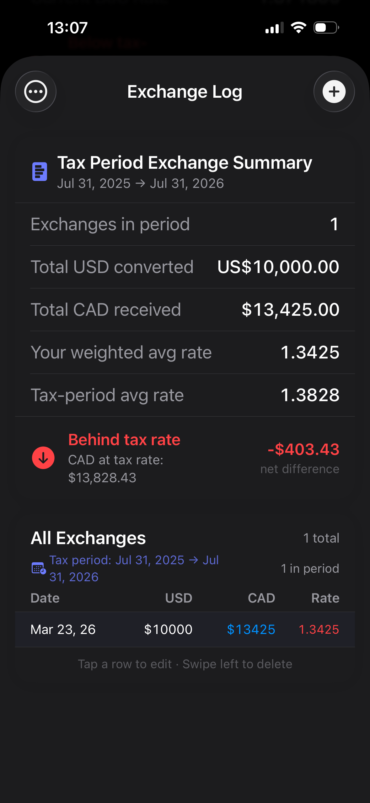 Exchange log with tax period summary